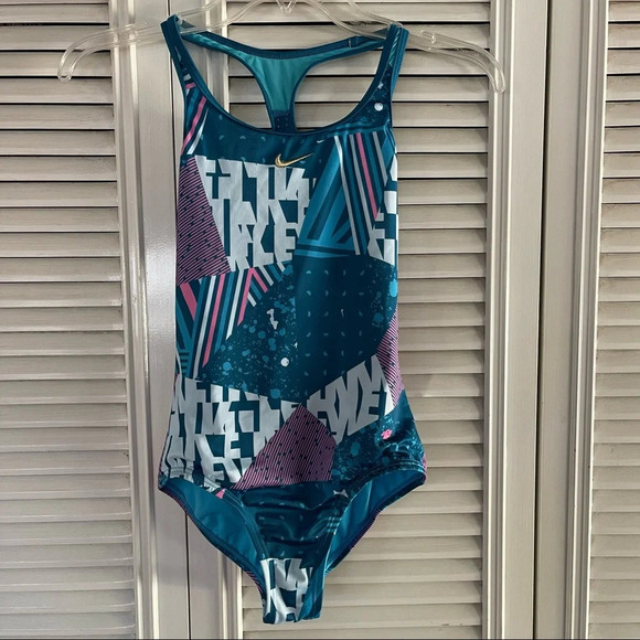 Nike Swimwear Girls Blue Mash Up Sporty Racerback One-Piece Swimsuit Sz 10-12 - Picture 1 of 11